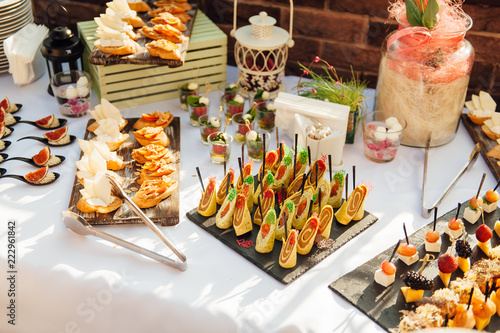 Delicious Snacks On Wedding Reception Table In Luxury Outdoor