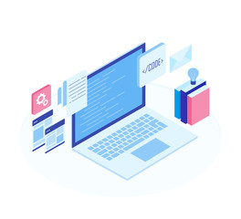 Web Development concept, programming and coding. Laptop with virtual screens on white background. Modern isometric vector illustration