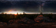Dawn in the forest under the starry sky a milky way. 360 vr degree spherical panorama