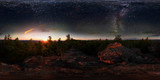 Fototapeta  - Dawn in the forest under the starry sky a milky way. 360 vr degree spherical panorama