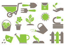 Gardening Icons. Green And Gray Colors. Vector Illustration