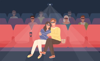 Wall Mural - Boyfriend and girlfriend sitting in stereoscopic movie theater or cinema hall. Young man and woman in 3d glasses watching film or motion picture together. Flat cartoon colorful vector illustration.