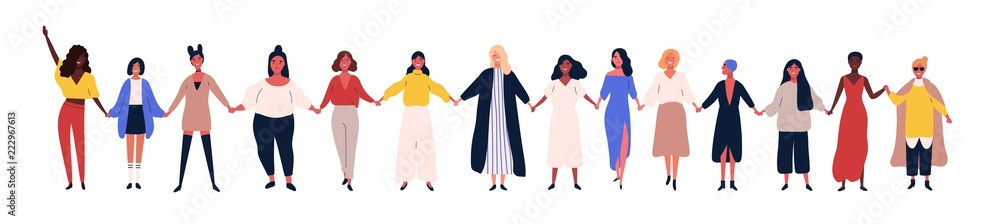 Happy women or girls standing together and holding hands. Group of female friends, union of feminists, sisterhood. Flat cartoon characters isolated on white background. Colorful vector illustration. - obrazy, fototapety, plakaty 
