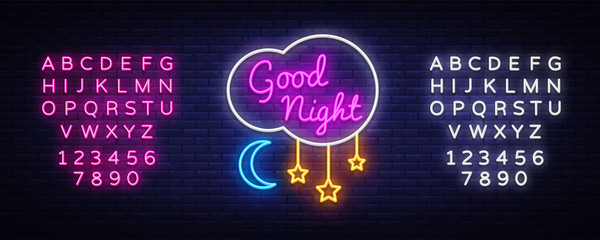 Wall Mural - Good Night Neon Sign Vector. Good Night neon text, design template, modern trend design, night neon signboard, night light advertising, light banner, light art. Vector. Editing text neon sign