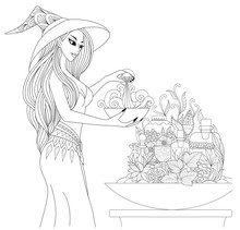 Beautiful Witch  Preparing A Potion With Apothecary Bottles And Herbs For Halloween Theme. Coloring Book Pages Design.Vector Illustration 