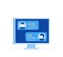 Computer with customer review rating messages, desktop pc display and online review or client testimonials, concept of experience or feedback, rating stars. Modern flat style vector illustration