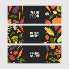 Wall Mural - Bundle of horizontal web banner templates with tasty locally grown vegetables and place for text on black background. Vector illustration for fresh food, vegetarian festival, farm market promotion.