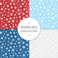 Set of vector seamless patterns of white snowflakes on color background for christmas or new year holiday cards, banners, wrapping paper and other winter decoration