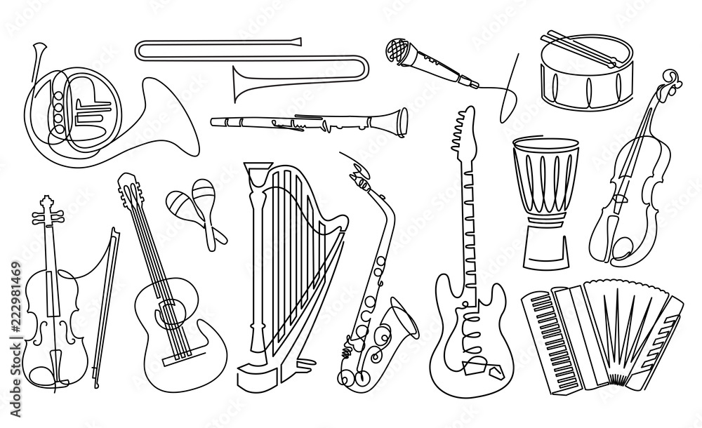 Continuous line drawing of Musical instruments linear icons set. Orchestra equipment - obrazy, fototapety, plakaty 