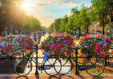 Fototapeta Zachód słońca - Beautiful summer sunrise on the famous UNESCO world heritage canals of Amsterdam, The Netherlands, with vibrant flowers and bicycles on a bridge
