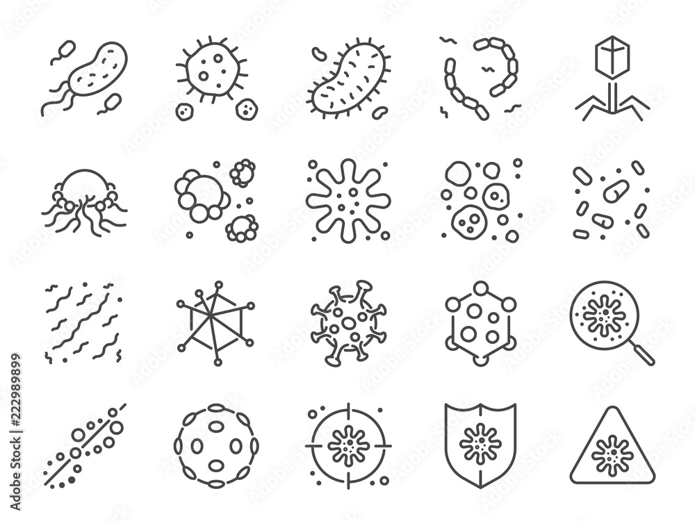 Virus icon set. Included icons as Colony of Bacteria, Bacteria, microbiology, biohazard, disease and more. - obrazy, fototapety, plakaty 