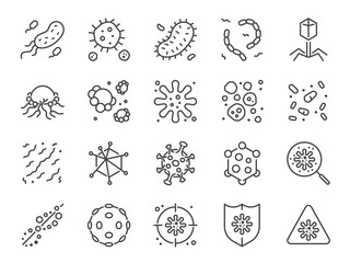 Virus icon set. Included icons as Colony of Bacteria, Bacteria, microbiology, biohazard, disease and more.