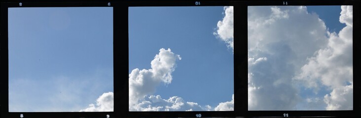 Poster - Triple vintage film strip frame with blue sky and clouds.