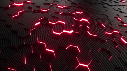 Wall Mural - abstract hexagonal geometric background. structure of lots of hexagons of carbon fiber with bright e