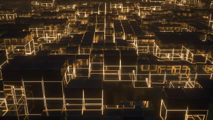 Wall Mural - lots of shining metal cubes with glowing grid lines.abstract background with digital technology conn