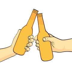 isolated object on white background, summer color. Two friends knock a bottle of beer. Two beers. Imitation comic style. Vector