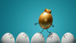 Concept of ambitiousness, careerism. A golden egg walks through heads the white eggs.