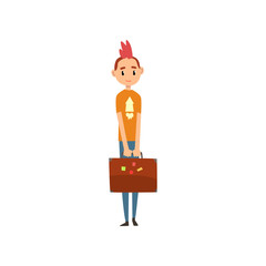 Sticker - Girl standing with suitcase, people traveling on vacation concept cartoon vector Illustration on a white background