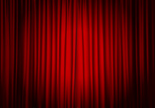 Closed Red Curtain Background And Spotlight. Theatrical Drapes.