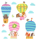 Animals fly in a hot air balloon. Illustration