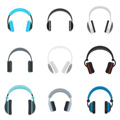 Canvas Print - Headphones music listen speakers headset icons set. Flat illustration of 9 headphones music listen speakers headset vector icons for web