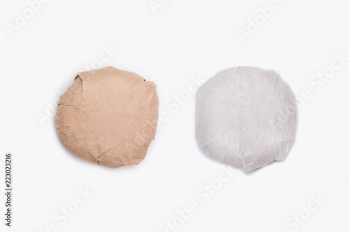 Download Burgers Isolated On White Background Wrapped White End Brown Paper Hamburger Mockup Burger Packed Stock Photo Adobe Stock