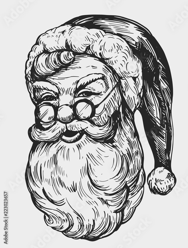 Sketch Of Santa Claus Face Engraving Style Hand Drawn