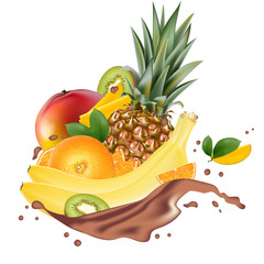 Wall Mural - Vector ads 3d promotion banner, Realistic mango, peach, lemon, orange, banana, pineapple, kiwi  splashing with falling slices, juice drops, vitamins, leaves. Ice cream, yogurt brand