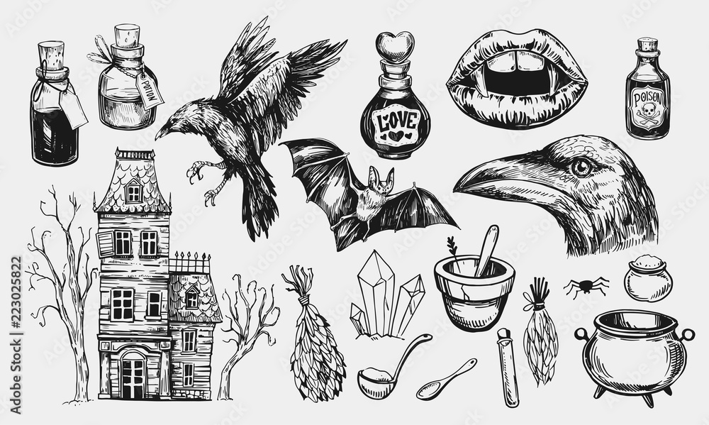 Halloween set with hanted house, raven, potion, bat, vampire mouth. Hand drawn illustration converted to vector - obrazy, fototapety, plakaty 