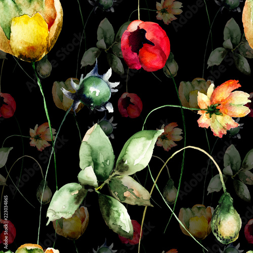 Seamless pattern with Tulips and Gerbera flowers