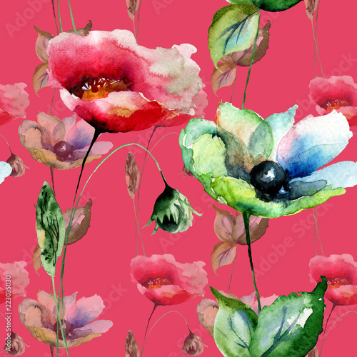 Seamless pattern with Poppy and Gerber flowers
