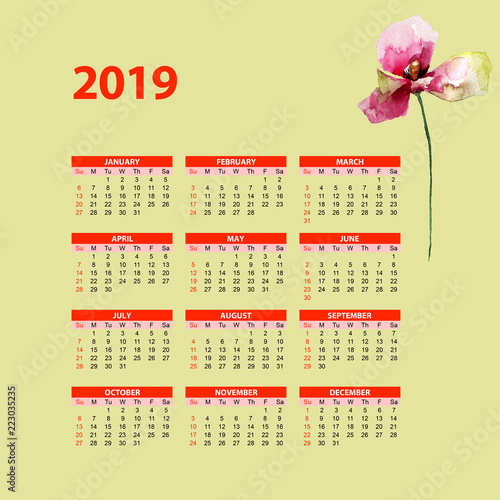 Template for calendar 2019 with Poppy flowers