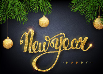 Wall Mural - happy new year lettering greeting card for holiday. golden confetti. calligraphy lettering new year.