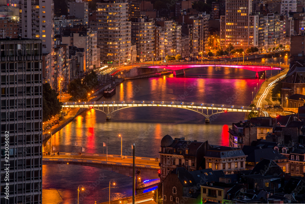 Night View On The River Meuse In The City Centre Of Li ge Belgium 