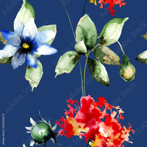 Seamless wallpaper with Gerber, Poppy and Hydrangea flowers