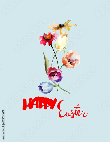 Beautiful flowers with title Happy Easter