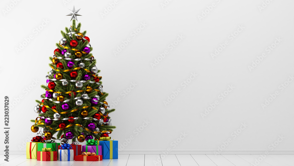 decorated christmas tree with gift boxes in white room Stock ...
