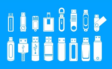 Sticker - USB flash drive icons set. Simple illustration of 16 USB flash drive vector icons for web