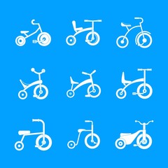 Sticker - Tricycle bicycle bike wheel icons set. Simple illustration of 9 tricycle bicycle bike wheel vector icons for web