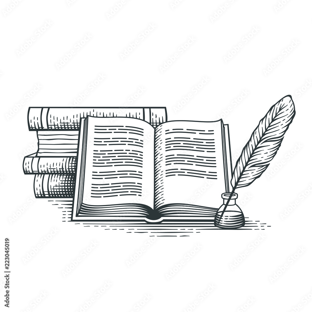 Stack of books, quill pen and ink. Hand drawn engraving style illustration.  Stock Vector | Adobe Stock, image size:1000x1000