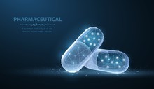 Pills. Abstract 3d Polygonal Wireframe Two Capsule Pills On Blue Background With Dots And Stars.