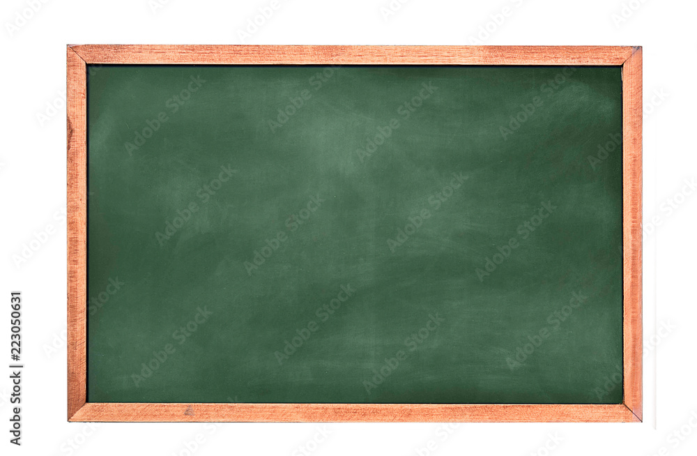 Empty green chalkboard texture hang on the white wall. double frame from greenboard and white background. image for background, wallpaper and copy space. bill board wood frame for add text. - obrazy, fototapety, plakaty 