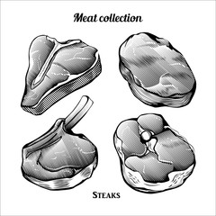 Wall Mural - Engraving style collection of meat food ingredients. Line art vintage illustration of beefsteak, pork chop, rib eye and t-bone steaks. Vector