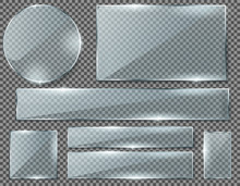 Vector Realistic Set Of Transparent Glass Plates, Blank Shining Frames Isolated On Background. Collection Of Clear Banners In Different Shapes With Glossy Effect. Clipart For Your Design