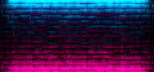 Modern Futuristic Neon Club Purple And Blue Lighted Empty Space Old Grunge Stone Bricked Detailed Wall In Room Wallpaper Background 3D Rendering