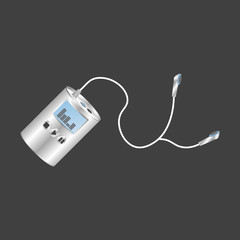Wall Mural - audio player in the form of a cylinder with headphones. vector illustration on a gray background.