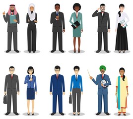 Wall Mural - Business team and teamwork concept. Set of detailed illustration of businessmen standing in different positions in flat style on white background. Diverse nationalities and dress styles. Vector