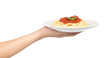 © cloud7days - hand holding Spaghetti in dish isolated on white background