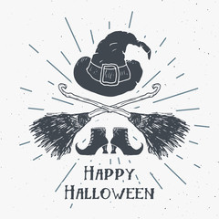 Wall Mural - halloween greeting card vintage label, hand drawn sketch witch items, grunge textured retro badge, t