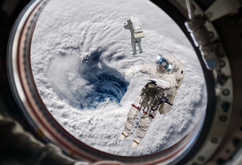 Wall Mural - view through the space ship illuminator of astronaut in open spacce with flare frome the star (image